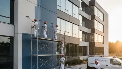 Professional commercial painters in Fort Collins CO applying fresh exterior paint to a business building