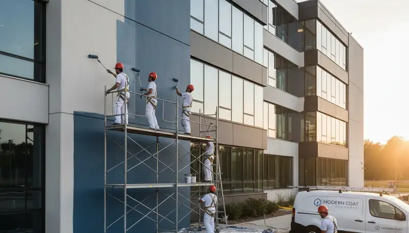 Professional commercial painters in Fort Collins CO applying fresh exterior paint to a business building