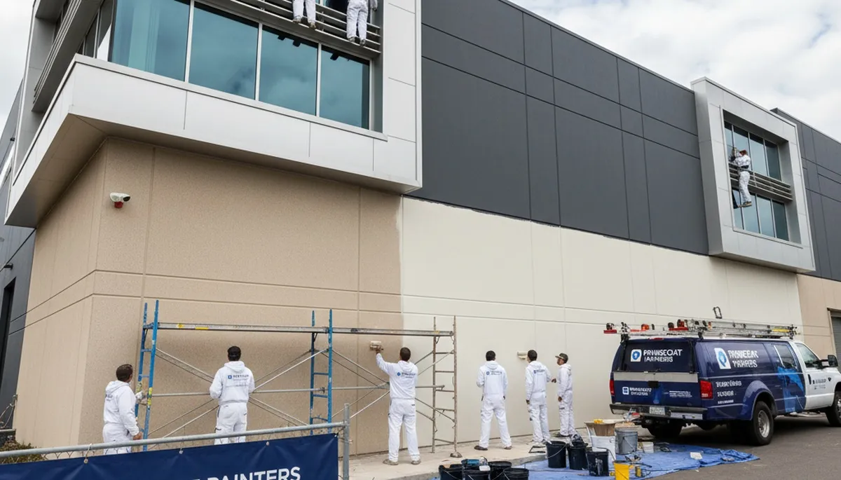 Professional commercial painters working on office exterior in Fort Collins, CO