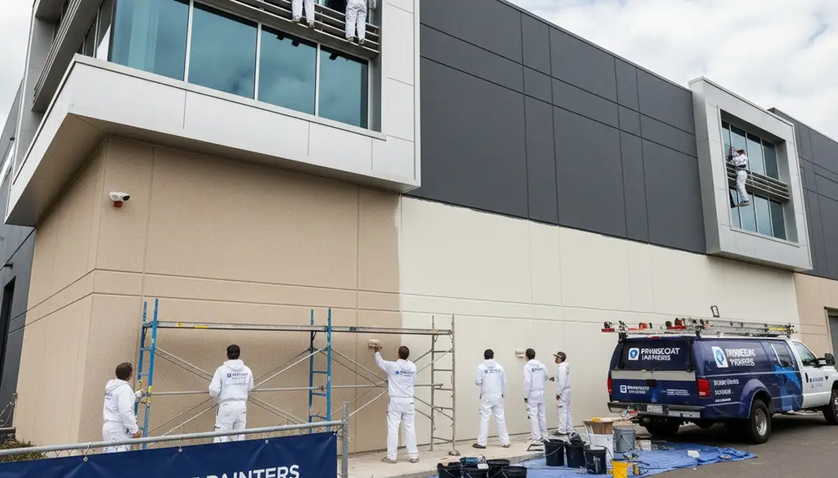Professional commercial painters working on office exterior in Fort Collins, CO