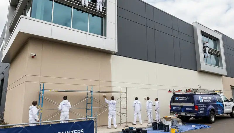 Professional commercial painters working on office exterior in Fort Collins, CO