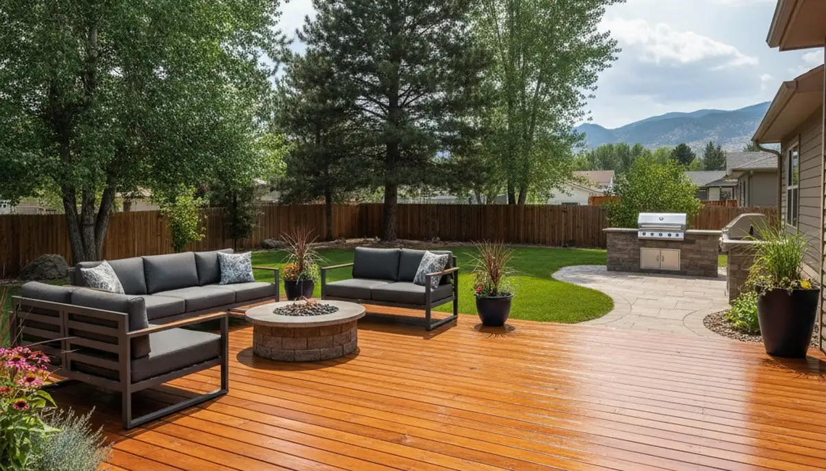 Finished deck staining in Fort Collins CO showing rich wood grain and lasting outdoor protection