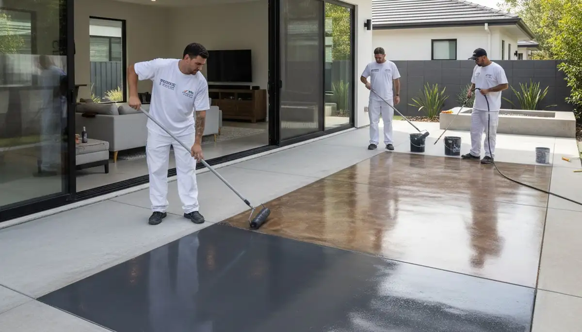Professional concrete staining on driveway in Fort Collins CO by expert house painters for durable finish