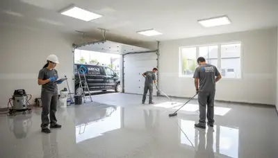 Epoxy floor coating installation in a Fort Collins CO garage by professional house painters
