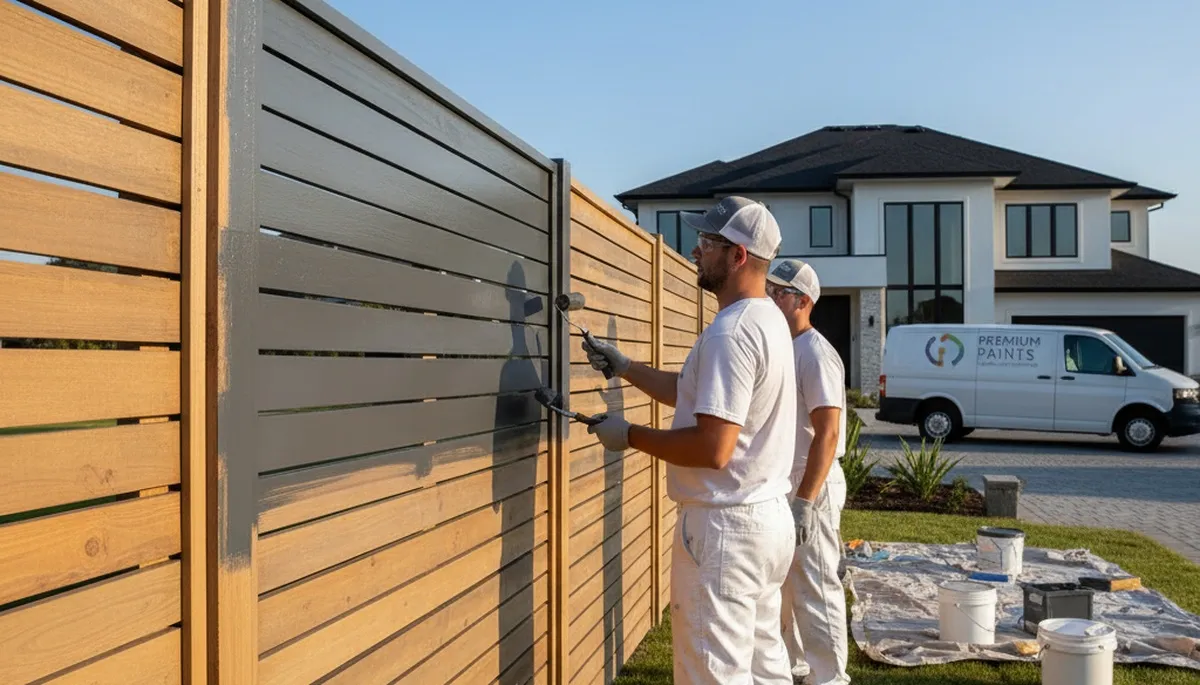 Professional fence painters staining wood fence in Fort Collins CO for durable weather protection