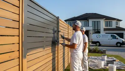 Professional fence painters staining wood fence in Fort Collins CO for durable weather protection