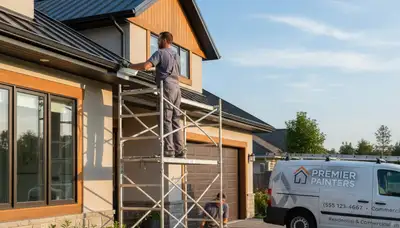Professional painter refinishing home gutters in Fort Collins, CO for weather-resistant curb appeal