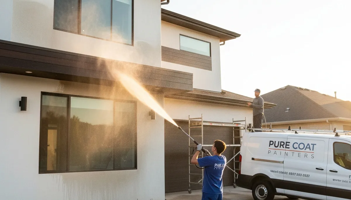 Professional pressure washing a Fort Collins CO home exterior by local house painting experts